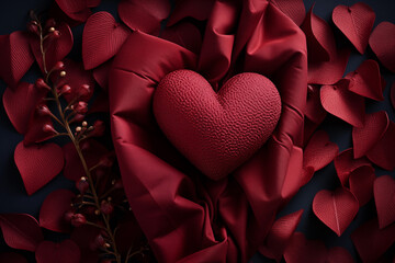 red hearts on silk fabric background