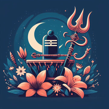 Maha shivratri illustration of trishul damru and flowers with bule background shivratri post