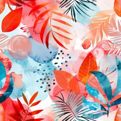 A vibrant painting featuring various colorful leaves, each with unique shapes and hues, set against a clean white background.