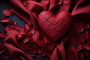 Fabric hearts on a red silk background
