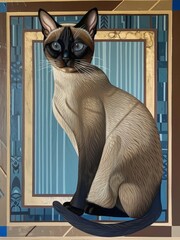 A realistic painting featuring a Siamese cat with striking blue eyes, showcasing a detailed and lifelike depiction of the felines features.