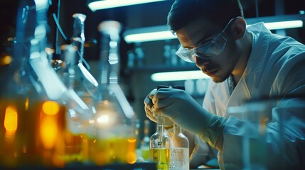 Concentrated male scientist examining a chemical sample in lab. modern scientific research. professional lab work. AI - obrazy, fototapety, plakaty