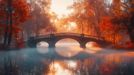  Autumn nature landscape. Lake bridge in fall forest. Path way in gold woods. Romantic view image scene. Magic misty sunset pond. Red color tree leaf park. Calm bright light, © Matthew