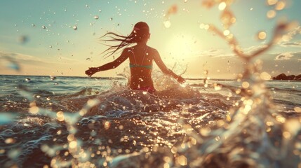 Obraz premium A girl runs into the water for a swim. Splashes of water. View from the back. Summer vacation, vacation and travel.