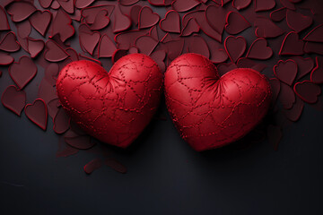 Two red heart on dark red hearts background