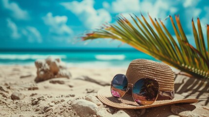 A hat and sunglasses lie on the sandy sea beach. Vacation, travel and recreation. - obrazy, fototapety, plakaty