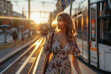 woman with long hair in a nice dress walking towards a tram in a city, in the style of modern design