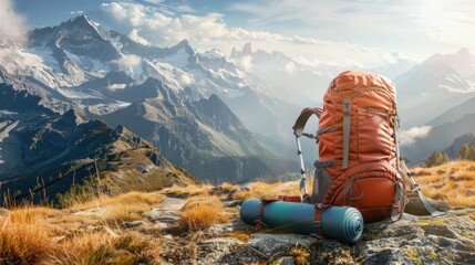 Backpack, trekking poles and sleeping mat in mountains, Tourism equipment