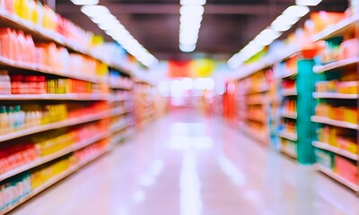 Abstract blurred supermarket aisle with colorful shelves with copy space in center, can use as background or retail concept
