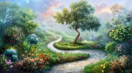 This enchanting stock illustration of a lush garden pathway winding through vibrant flora evokes the magical essence of nature's diversity for Arbor Day. - obrazy, fototapety, plakaty