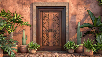Abstract wooden door, angular glass, surrounded by succulents on terracotta floor.