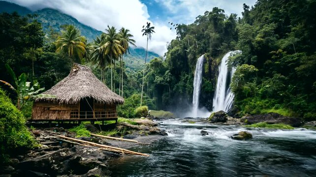 Waterfall with old bamboo hut in forest. Seamless looping time-lapse 4k video animation background