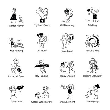Set of Happy Toddlers Doodle Icons

