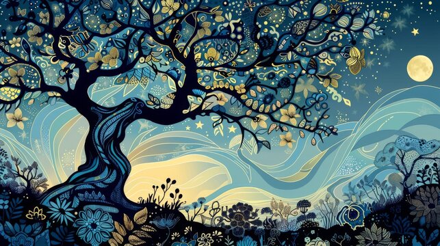 An illustration depicting a mystical tree at night, adorned with floral patterns against a starry sky, evoking the beauty of nature's silhouettes.