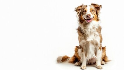 This image features a charming brown and white dog with a beaming smile sitting against a white backdrop