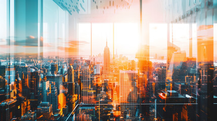 The warm glow of sunset reflects on the skyline of a bustling city, viewed through the sleek windows of a contemporary office space - obrazy, fototapety, plakaty