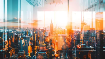 Foto op Aluminium The warm glow of sunset reflects on the skyline of a bustling city, viewed through the sleek windows of a contemporary office space © KaiTong