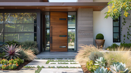 Contemporary wooden door, abstract glass, strategically placed succulents on terrazzo.