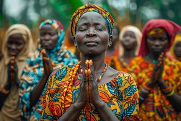 Fototapeta na wymiar Spiritual Devotion: Woman in Prayer Among Her Community