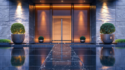 Futuristic entrance, sleek wooden door, full-height glass, symmetrical plants on reflective stone.