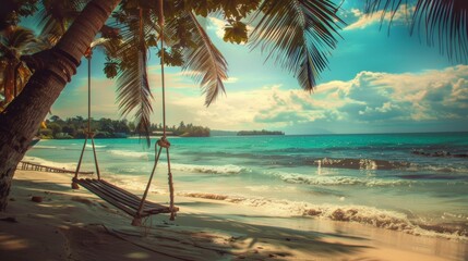 A swing hangs on a palm tree against the background of a tropical sea beach, a sunny summer day. Summer vacation, vacation and travel.