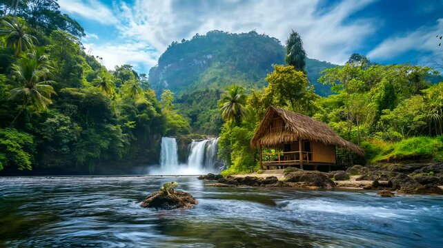 Bamboo hut with waterfall in forest. Seamless looping time-lapse 4k video animation background
