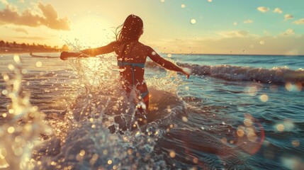 A girl runs into the water for a swim. Splashes of water. View from the back. Summer vacation, vacation and travel.