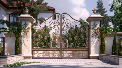 Stylish residential gate with floral motif in pastels and greens, from a charming side viewpoint in...