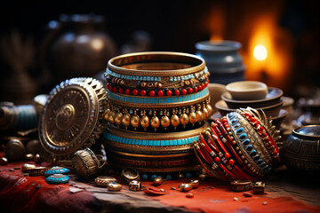 Cultural and Ethnic Jewelry: Pieces inspired by traditions. Closeup of ethnic bracelets, bohemian style. - obrazy, fototapety, plakaty