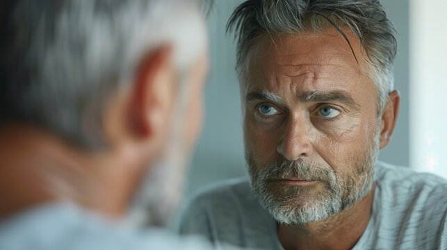 A middle-aged man looking at himself in the mirror with a contemplative expression, reflecting on identity and self-image challenges during andropause