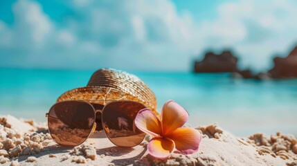 Fototapeta na wymiar A hat and sunglasses lie on the sandy sea beach. Vacation, travel and recreation.