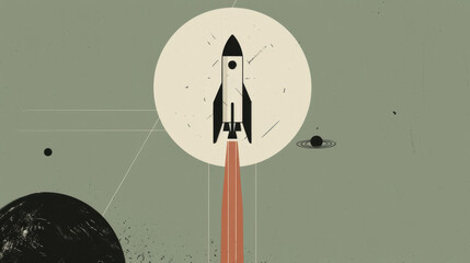 A minimalist black and white illustration of a rocket launch, capturing the ambition of human spaceflight against the tranquility of the cosmos. - obrazy, fototapety, plakaty