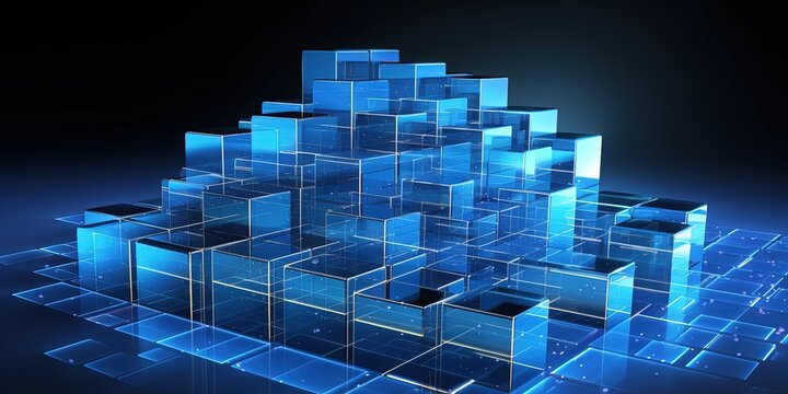 Rising, flowing, streaming data concept. Metallic colored blocks stacked and rising. Data reallocation. Shallow depth of field