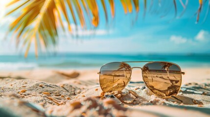 Sunglasses lie on the sand of a tropical sea beach, sunny summer day. Summer vacation, vacation and travel. - obrazy, fototapety, plakaty