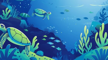 This illustration captures the lively underwater realm of a coral reef, with sea turtles swimming alongside a variety of tropical fish.