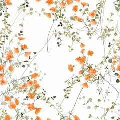 An ethereal seamless pattern featuring orangeade-toned wildflowers and leaves, reminiscent of a desert oasis.
