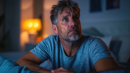 A middle-aged man sitting on the edge of his bed at night, looking thoughtful and worried, illustrating insomnia and contemplation during andropause