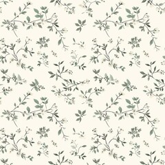 A seamless vintage-inspired pattern with delicate sprigs and flowers on a creamy backdrop, perfect for textiles and wallpapers.