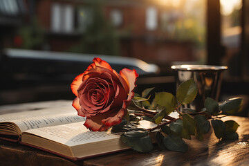 Red rose and book on a table