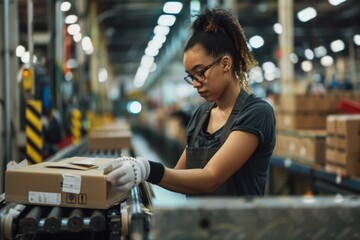 female worker in a fullfillment packing boxes on a conveyor belt, logistic company