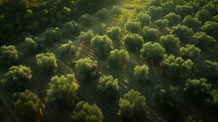 Naklejka na ściany i meble Serene tree canopy bathed in golden light, a peaceful natural landscape. vibrant foliage, perfect for background. AI