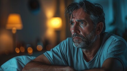 A middle-aged man sitting on the edge of his bed at night, looking thoughtful and worried, illustrating insomnia and contemplation during andropause