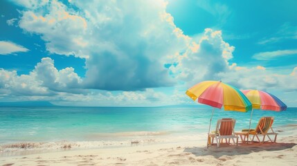 Beach chair with a colorful umbrella on the seashore, sunny summer day. Summer vacation, vacation and travel.