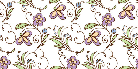 Decorative twigs outlines with fantasy flowers, berries, green leaves and tendrils seamless pattern vector background, textile,paper,wallpaper - 750847213