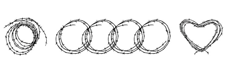 Hand drawings of set coils of barbed wire, black and white vector illustration isolated on white - 750847229
