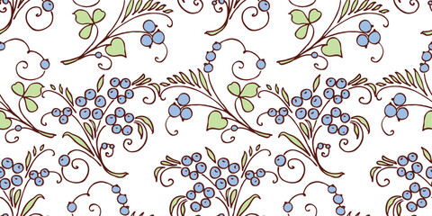 Decorative twigs outlines with blue berries, green leaves and tendrils seamless pattern vector background, textile,paper,wallpaper - 750847233