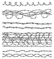 Hand drawings of set different barbed wire, curve,twisted, black and white vector illustration isolated on white - 750847267