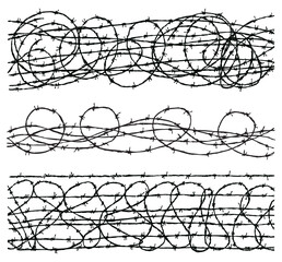 Hand drawings of set different twisted barbed wire, black and white vector illustration isolated on white - 750847297