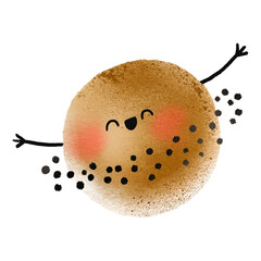 Hand drawn planet with face and hands. Cartoon character. Outer space. Cute illustration. Isolated element