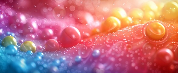 Abstract background with gradient of red to yellow droplets, resembling candies, with sparkling bokeh effect.
